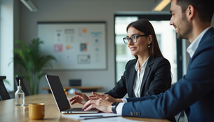 Salesperson explaining product features to a client, highlighting B2B relationship building