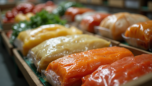 Vacuum-packed peppers in a market setting