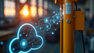Digital cloud hologram near an orange industrial machine at sunset in a factory setting. Glowing blue lines and gears suggest connectivity.