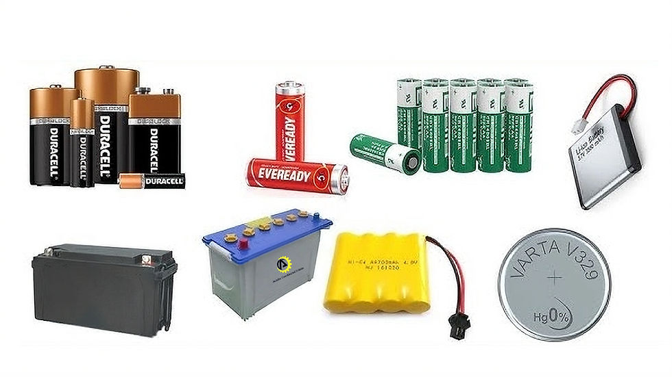 Various battery types on a white background, including Duracell, Eveready, cylindrical, rectangular, and coin-shaped in assorted colors.