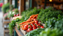 Fresh vegetables and herbs displayed at a small farm stand