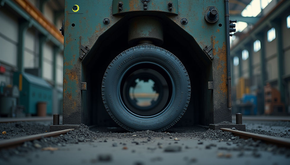 Industrial setting with a large tire centered in a rusted green machine. Tracks and scattered gravel on the floor create a gritty atmosphere.