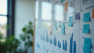 Project planning board showing charts and notes for evaluating project worthiness