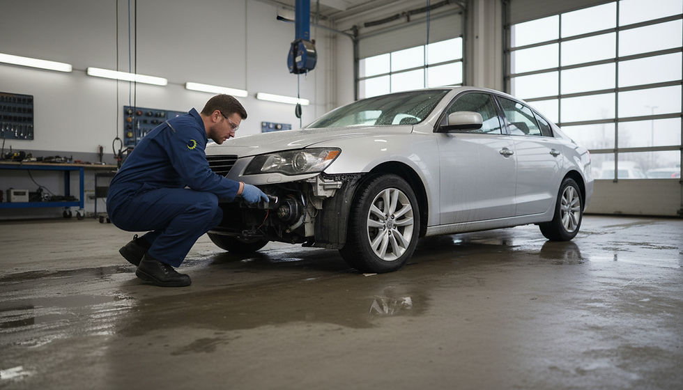 Wide-angle view of a flooded car being inspected in a repair bay