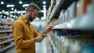 A shopper carefully choosing a product on a shelf