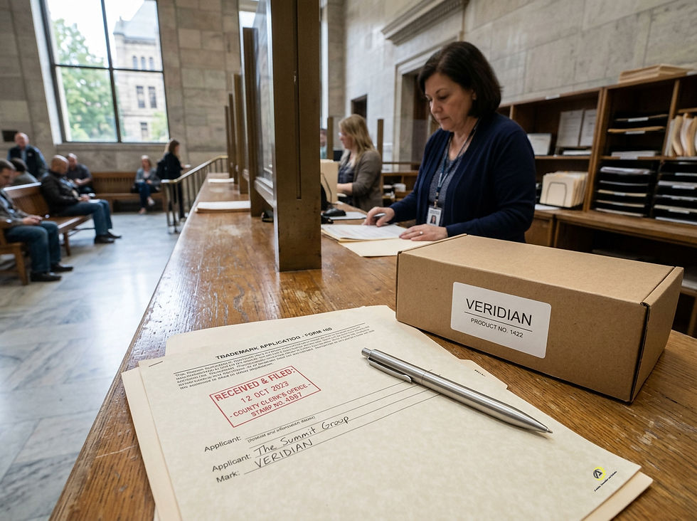 Wide-angle view of a courthouse filing counter with trademark papers