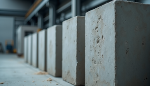 Freshly molded concrete blocks ready for curing