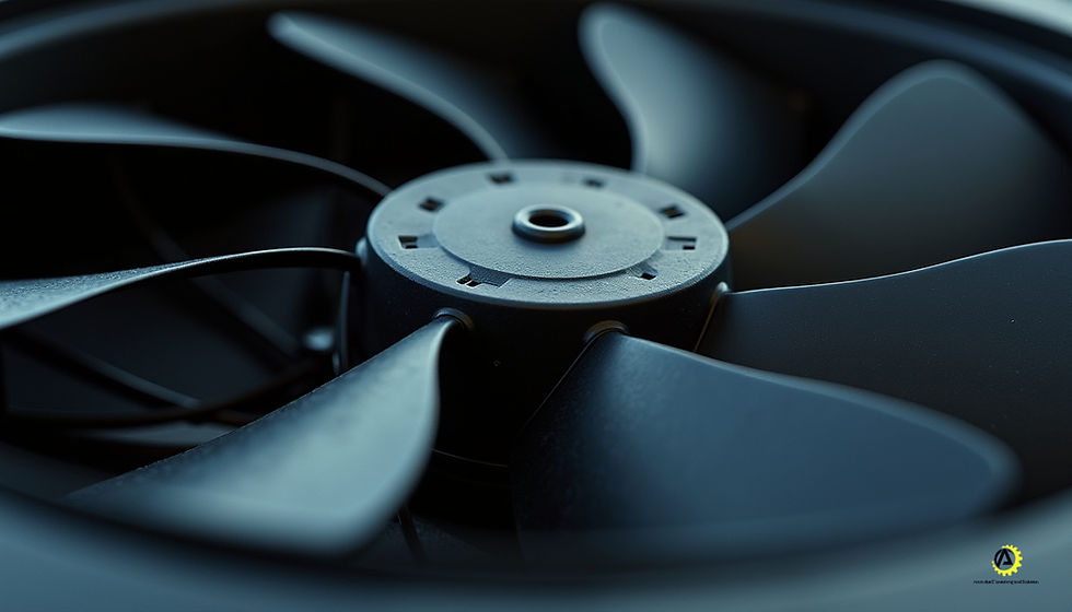 Eye-level view of an electric engine radiator fan with curved blades