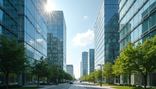 Modern business district with office towers and landscaped areas