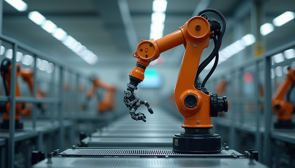 Articulated industrial robot arm operating in a manufacturing plant