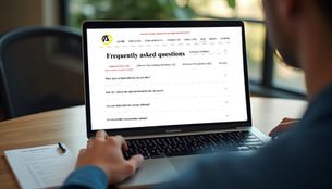 Person using laptop at a table with a FAQ webpage displayed