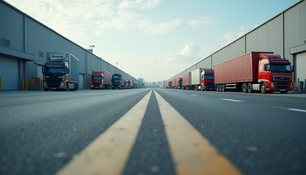 New industrial park with warehouses and transport trucks