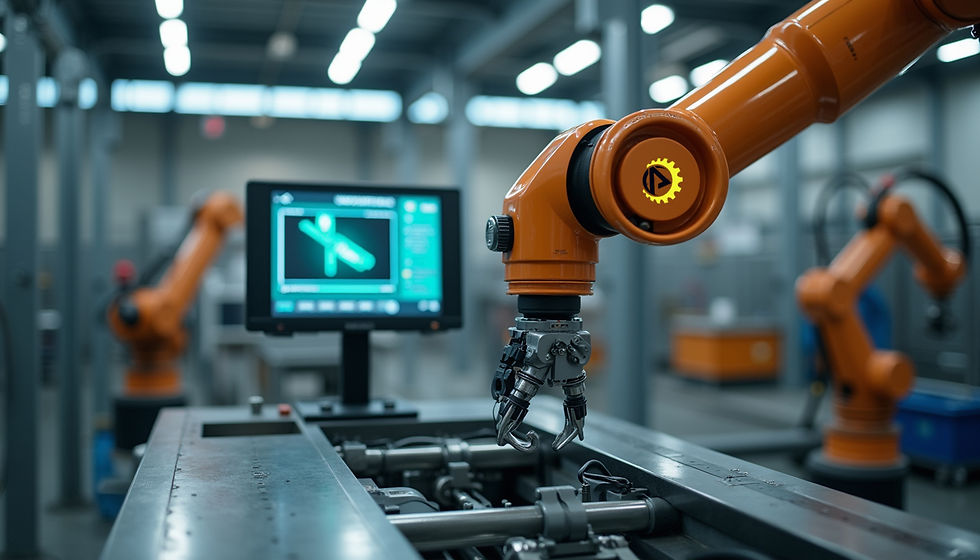 Eye-level view of a robotic arm being programmed using a teach pendant in a factory setting
