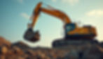 Yellow excavator digging on a mound of dirt under a clear blue sky. The bucket is raised, creating a sense of active construction.