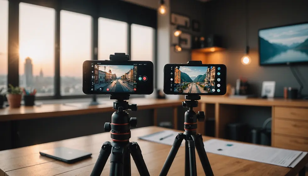 Two smartphones on tripods record cityscapes by a window. Warm, cozy room with wooden desk. Soft lighting and a serene mood.