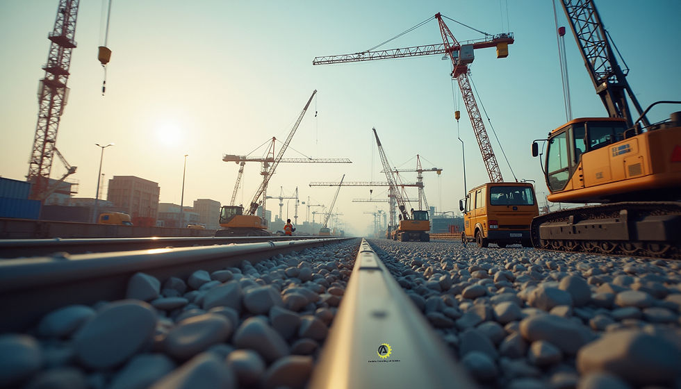 Construction site with cranes and machines along a railway under a clear sky. Workers in helmets; sunlight casts a calm glow over the scene.