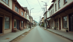 A quiet rural town street with few businesses and sparse activity