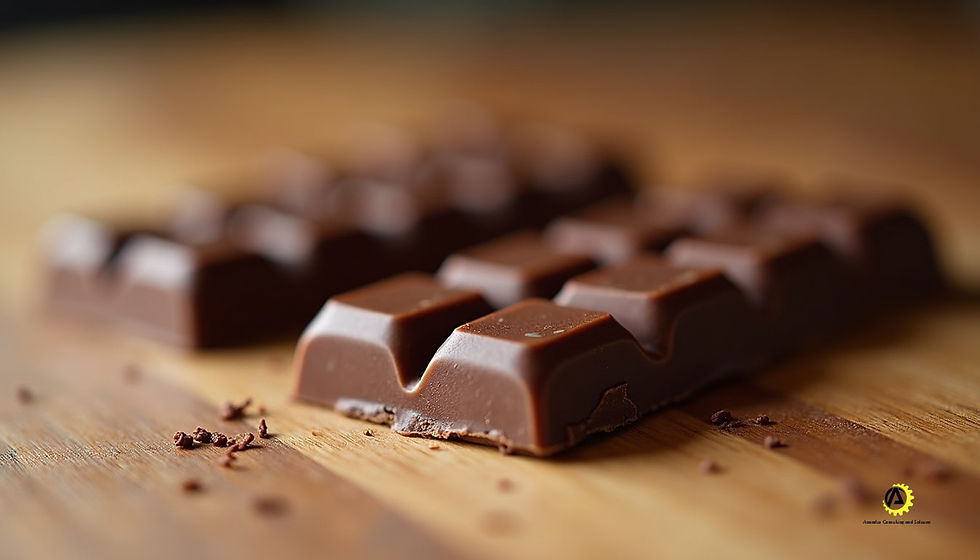 Eye level view of crafted chocolate bars placed on a natural wooden table