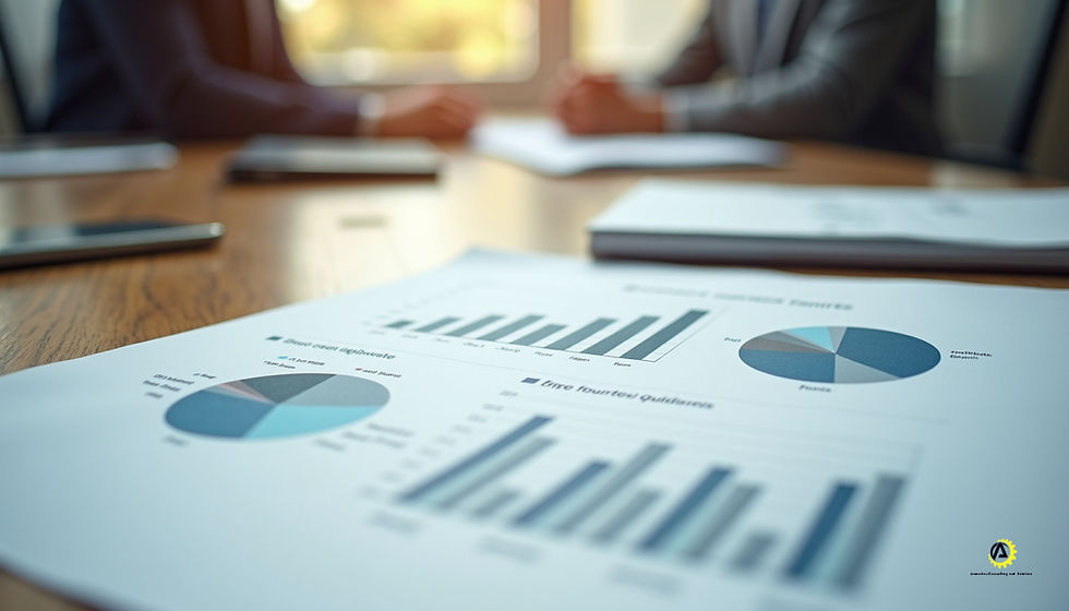 Eye-level view of a business plan with charts and graphs on a wooden table