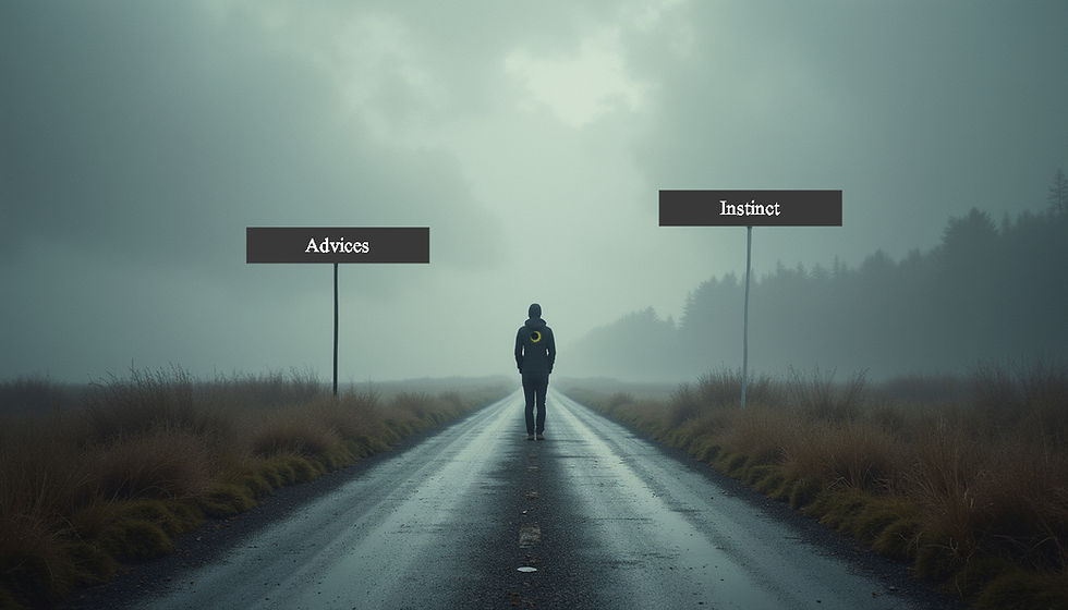 Eye-level view of a person standing at a crossroads with two distinct paths