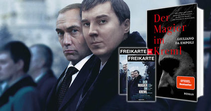 Gewinnspiel zu DER MAGIER IM KREML mit Filmbild von Wladimir Putin und Vadim Baranov, Buchcover von Giuliano da Empoli sowie Kinofreikarten zum Film
