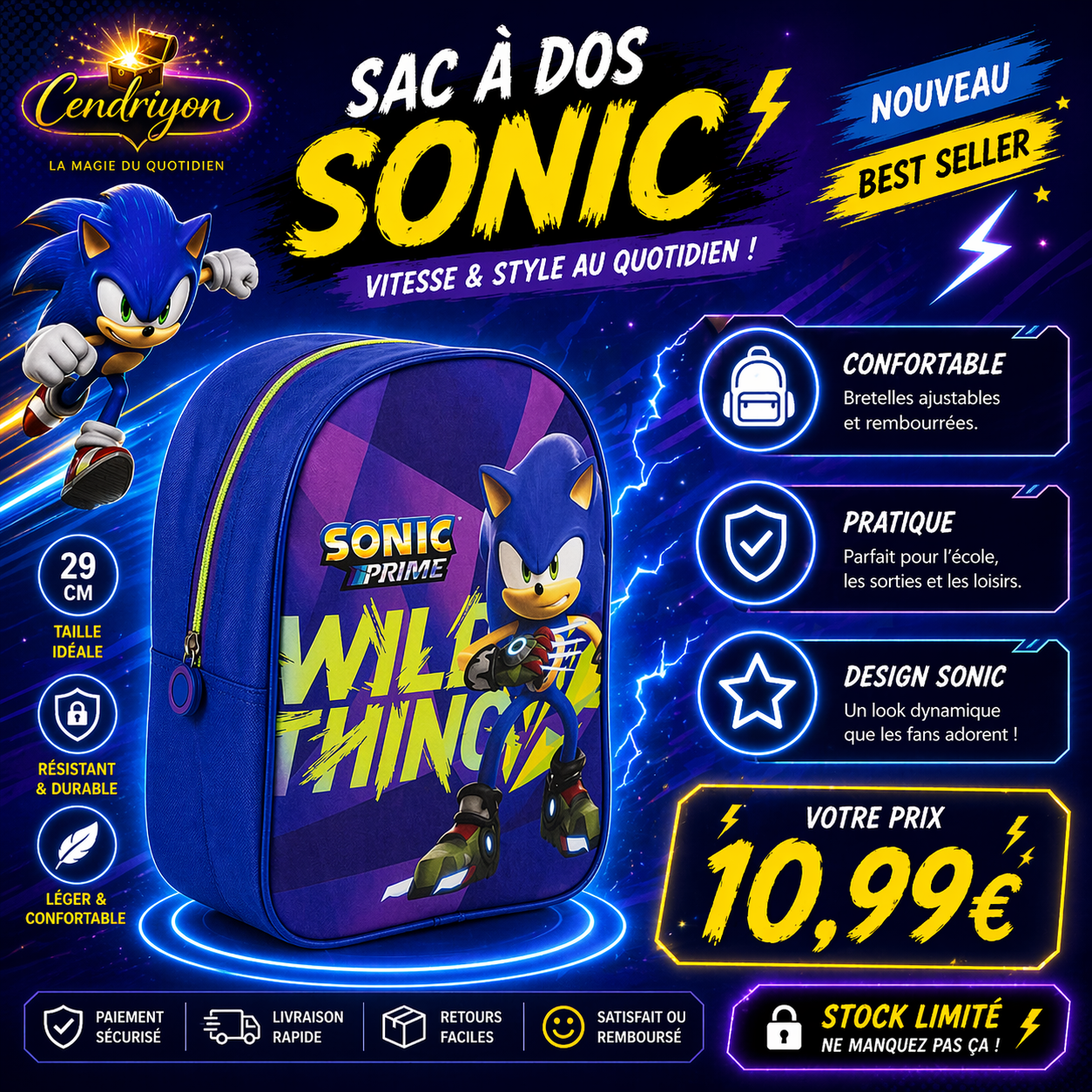 Sac à dos Sonic enfant ⚡ | Léger et confortable – 29 cm