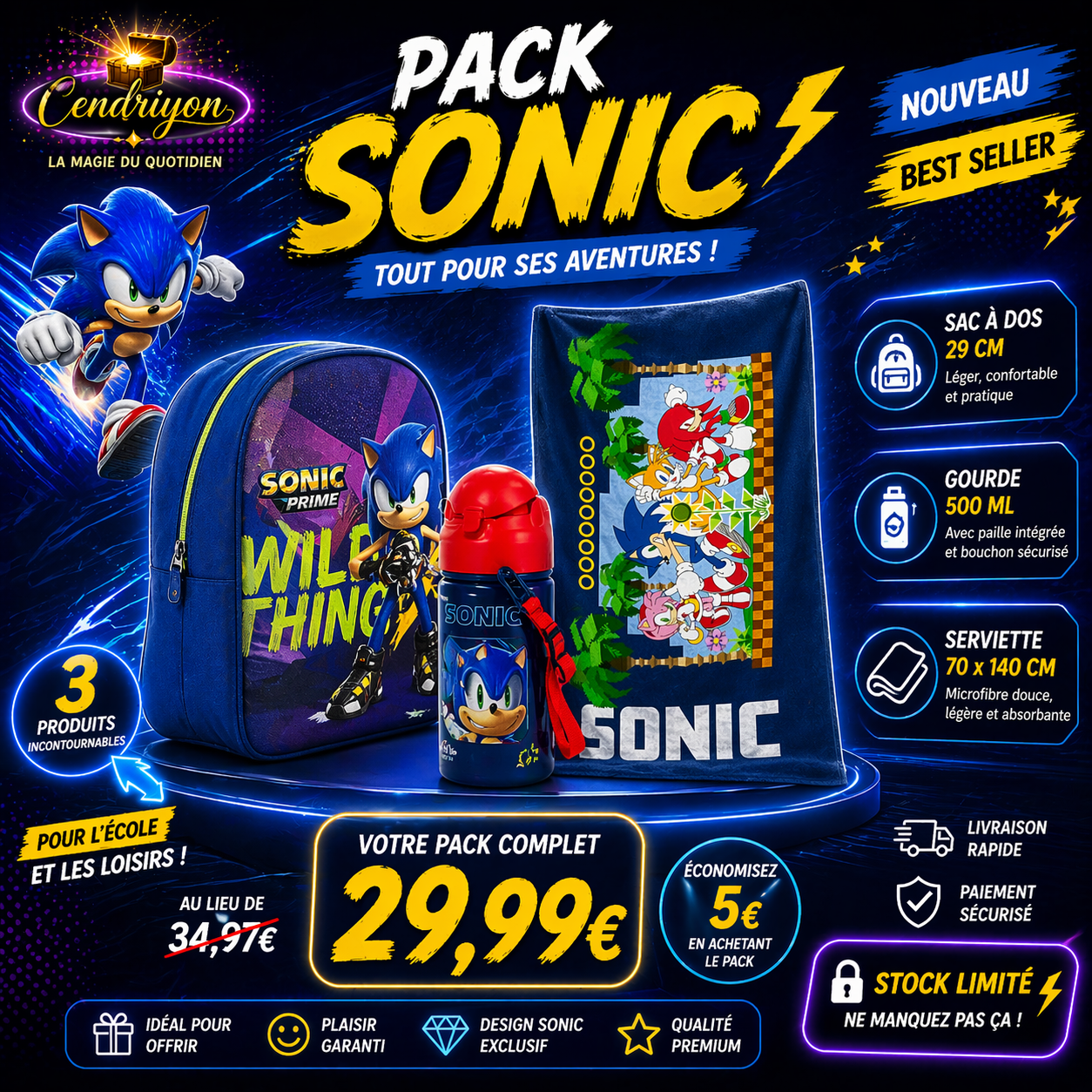 ⚡ Pack Sonic Complet – Sac + Gourde + Serviette