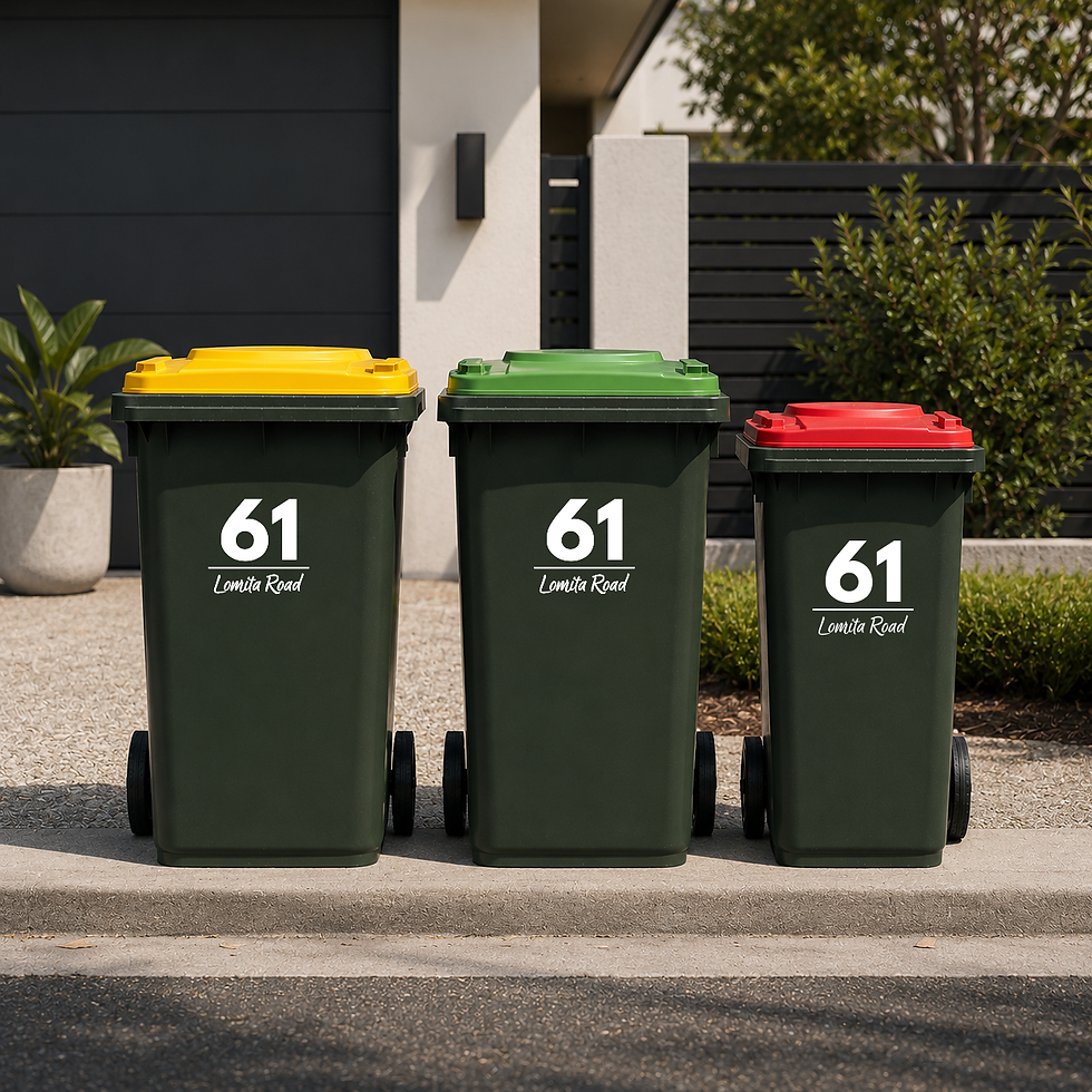 number and street name wheelie bin decal on roadside