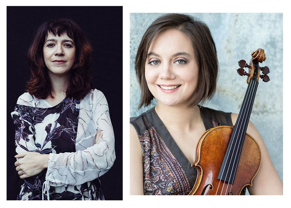 Half portraits of two women, one holding a violin
