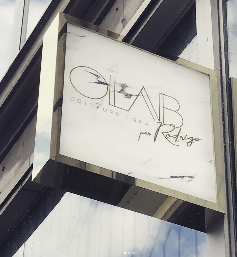 Olab Couture Spa por Rodrigo sign on building, complete store design. Made by uMake Canada