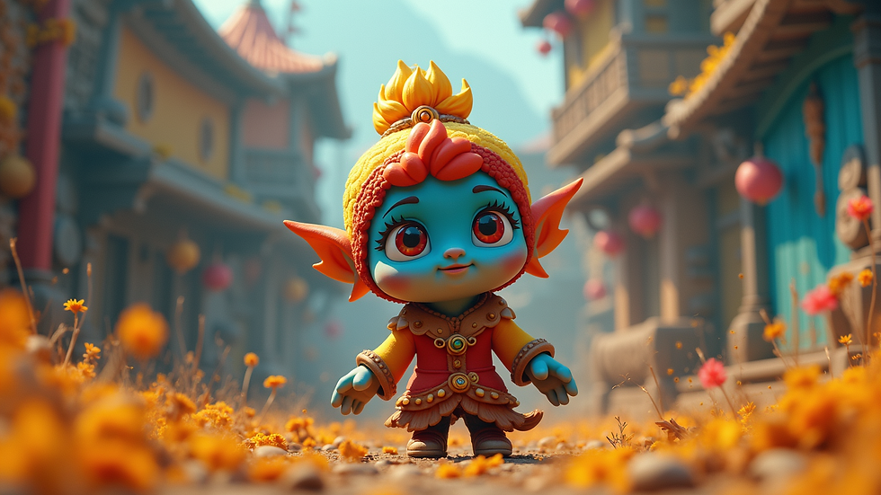 Eye-level view of a colorful game character in a fantasy setting