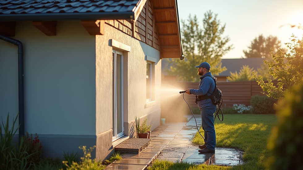 High angle view of a professional washing a house exterior with pressure washer