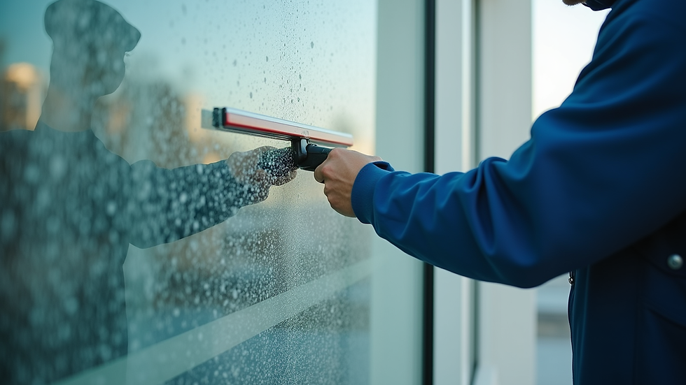 Close-up view of a professional window cleaner using a squeegee on a commercial window