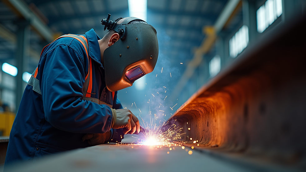 Eye-level view of welding inspector examining a steel beam
