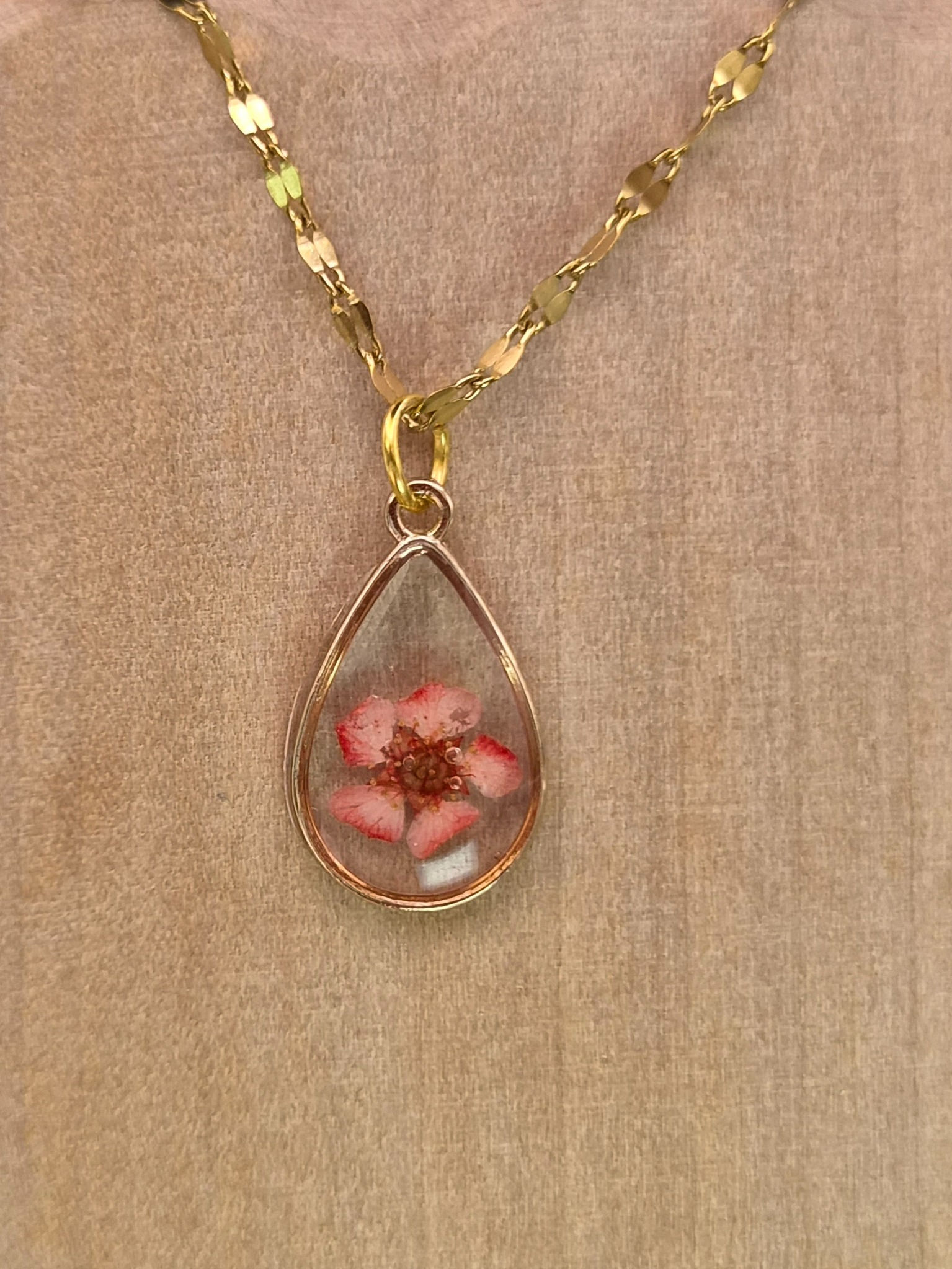 Pink Flower Gold Teardrop