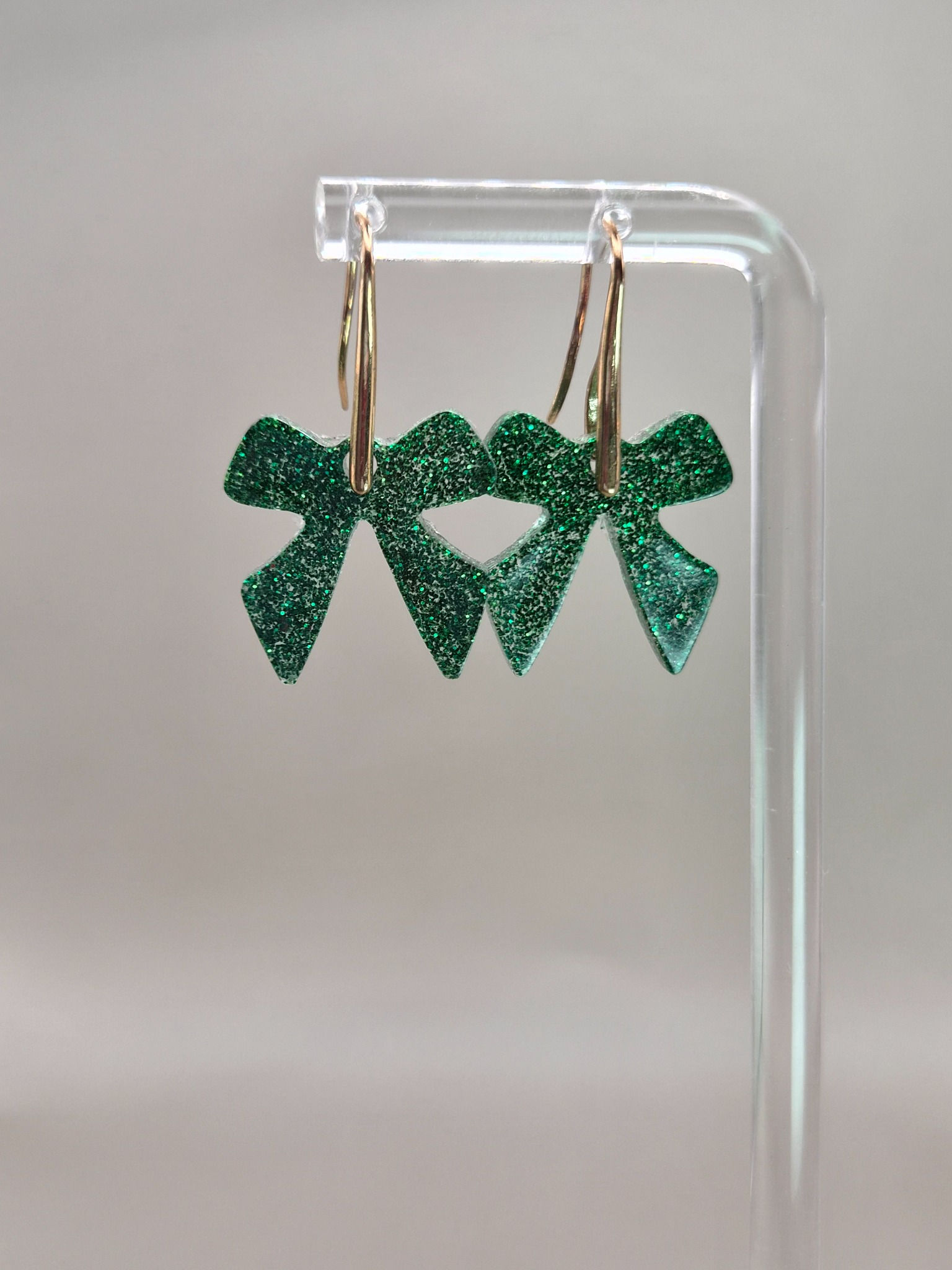 Small Green Glitter Resin Bow Earrings
