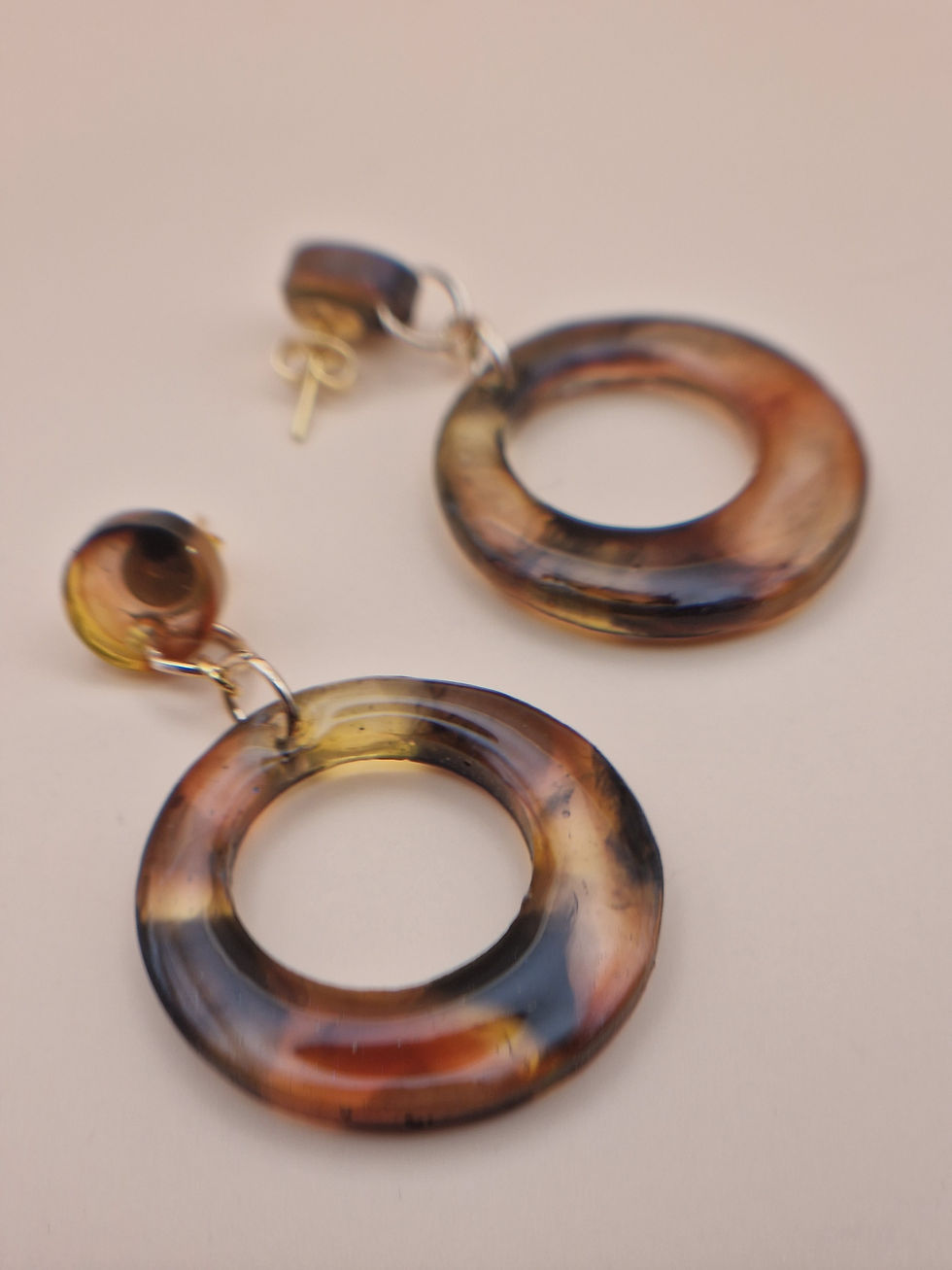 Thumbnail: Amber Tortoiseshell Resin Circle Drop Stud Earrings