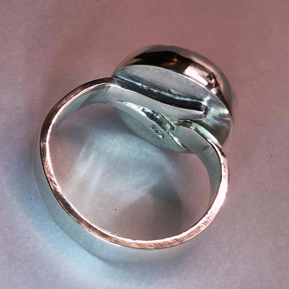 Adjustable rose quartz sterling silver statement ring, front view