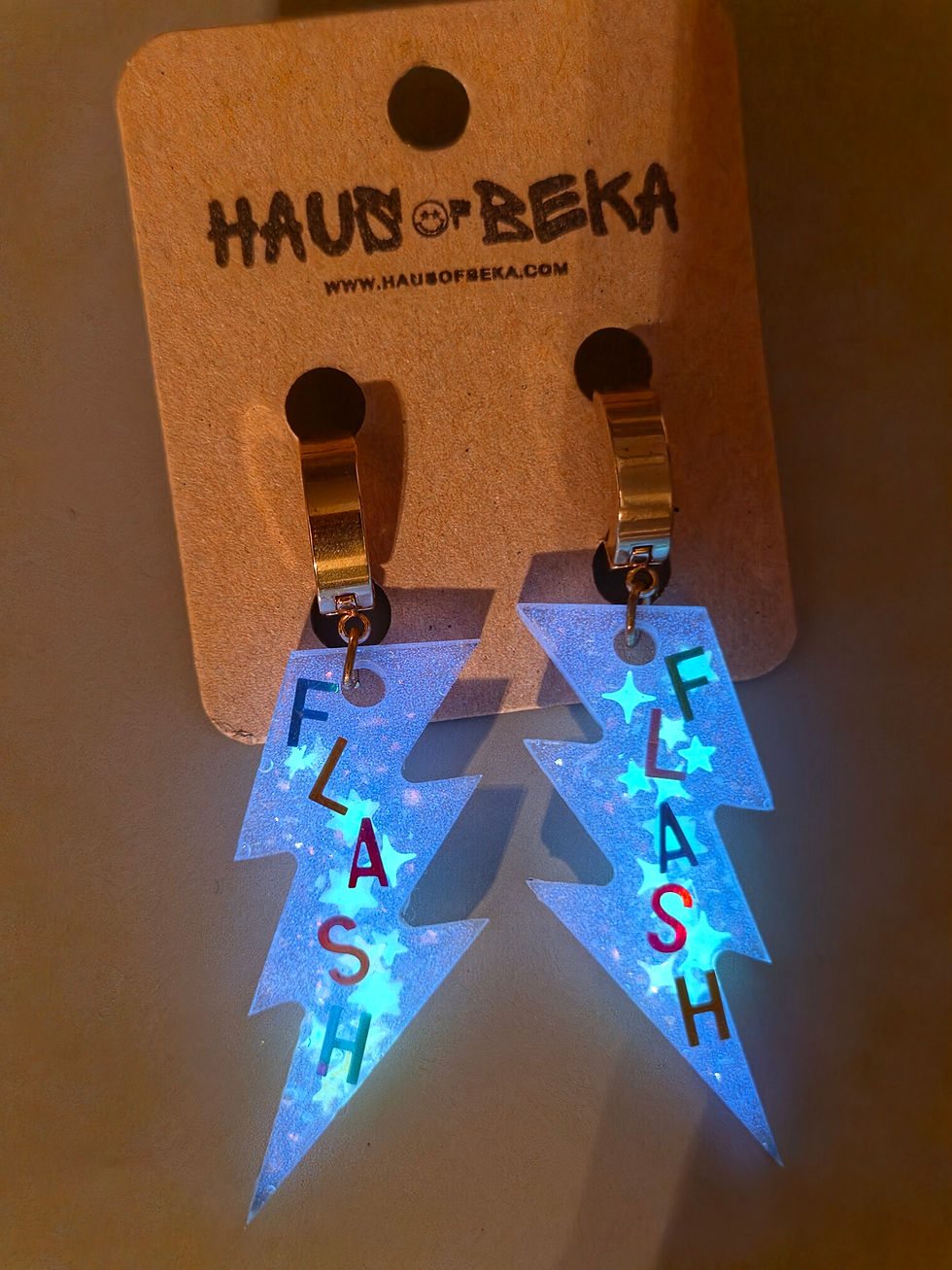 Thumbnail: Large FLASH Glitter Lightning Bolt Earrings - Gold Hoops