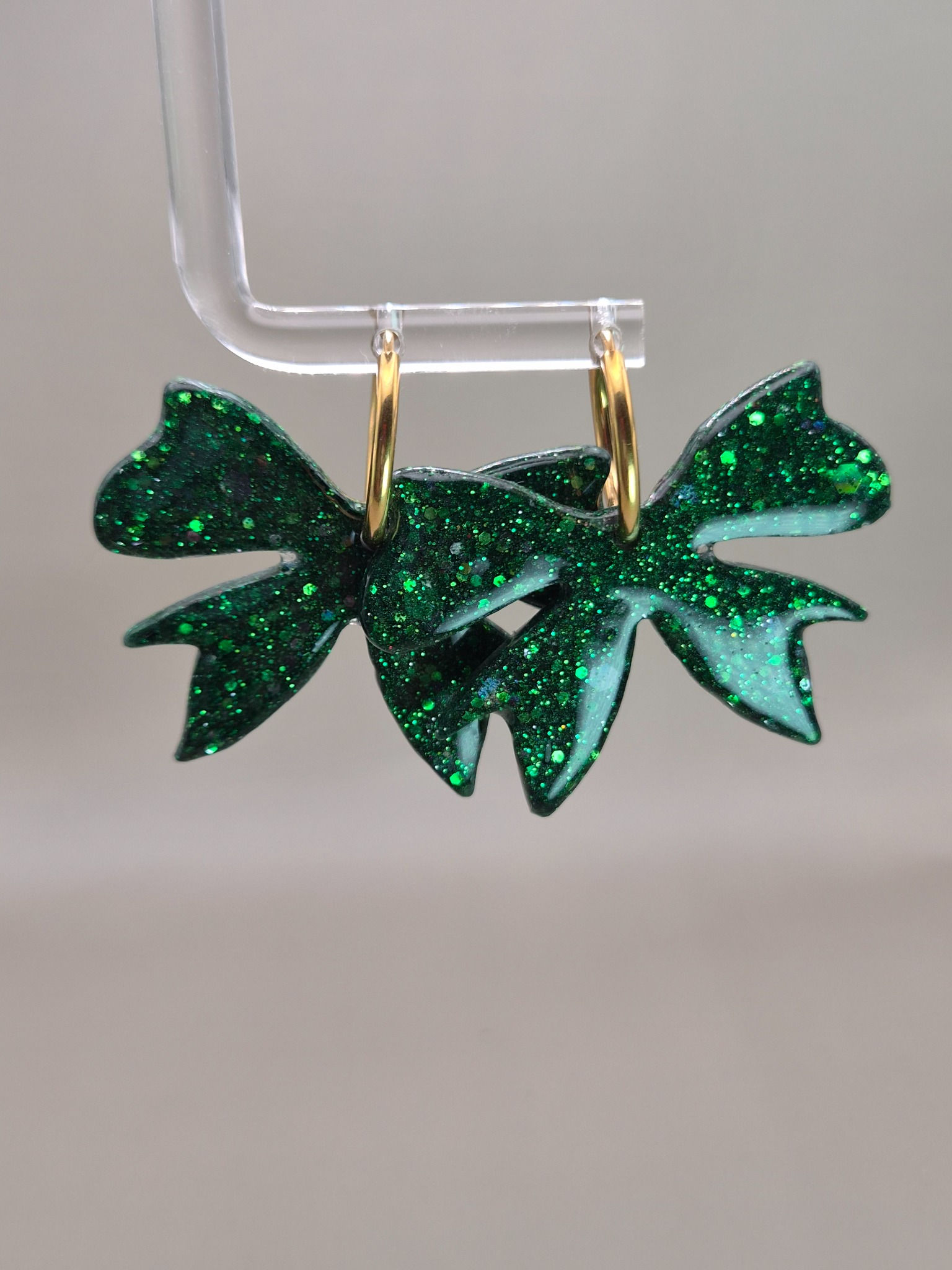 Large Green Glitter Resin Bow Hoop Earrings