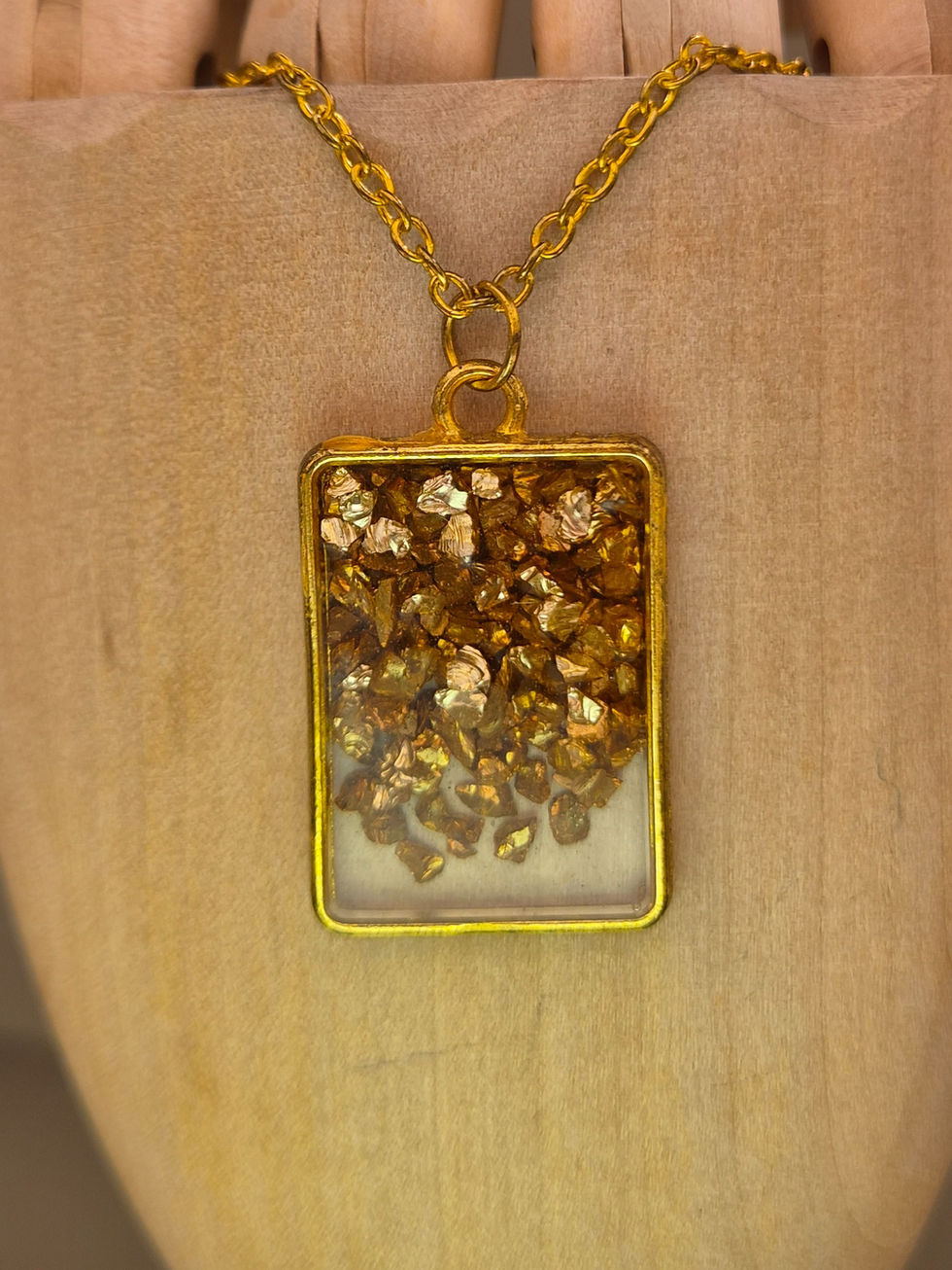 Amber Gold Rectangle crushed glass resin necklace