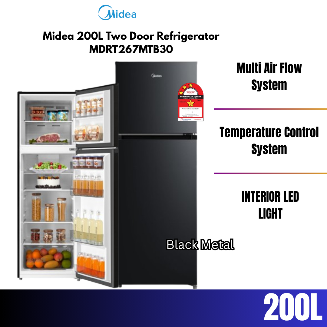 Midea 200L Black Two Door Refrigerator MDRT267MTB30