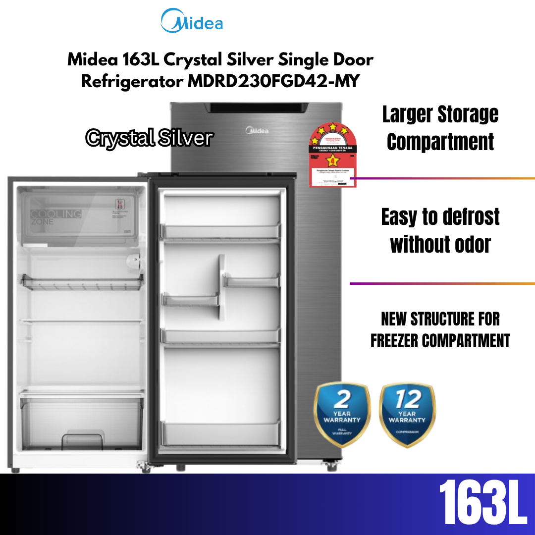 Midea 163L Crystal Silver Single Door Refrigerator MDRD230FGD42-