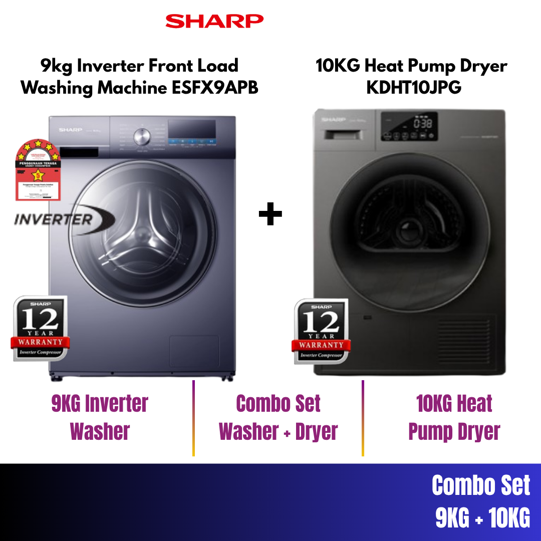 Sharp Combo 9KG Frontload Washer + 10KG Heat Pump Dryer