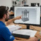Man in blue shirt points at 3D model on computer in office. Desk has blueprints, keyboard. Background shows shelves, creating a focused mood.