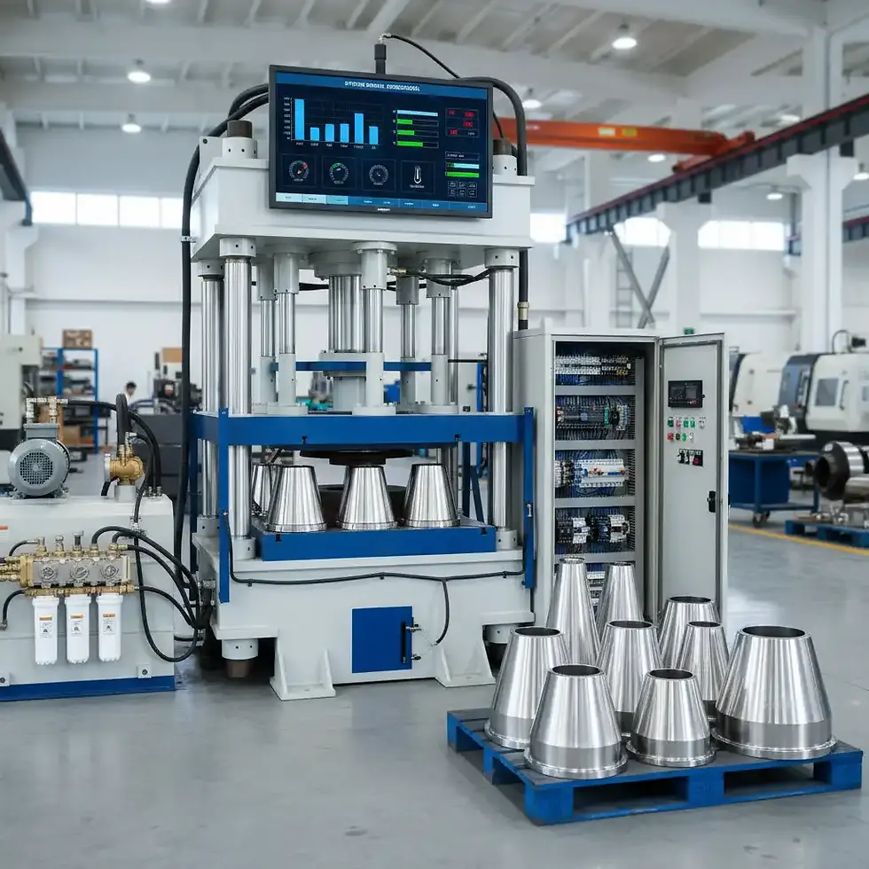 Hydraulic double action deep draw press and metal parts