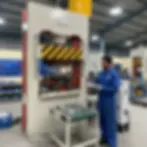 Worker at hydraulic double action deep draw press