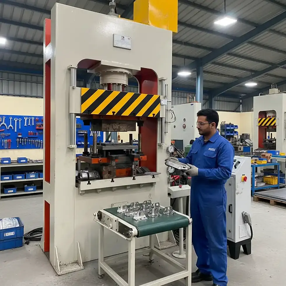 Worker at hydraulic double action deep draw press