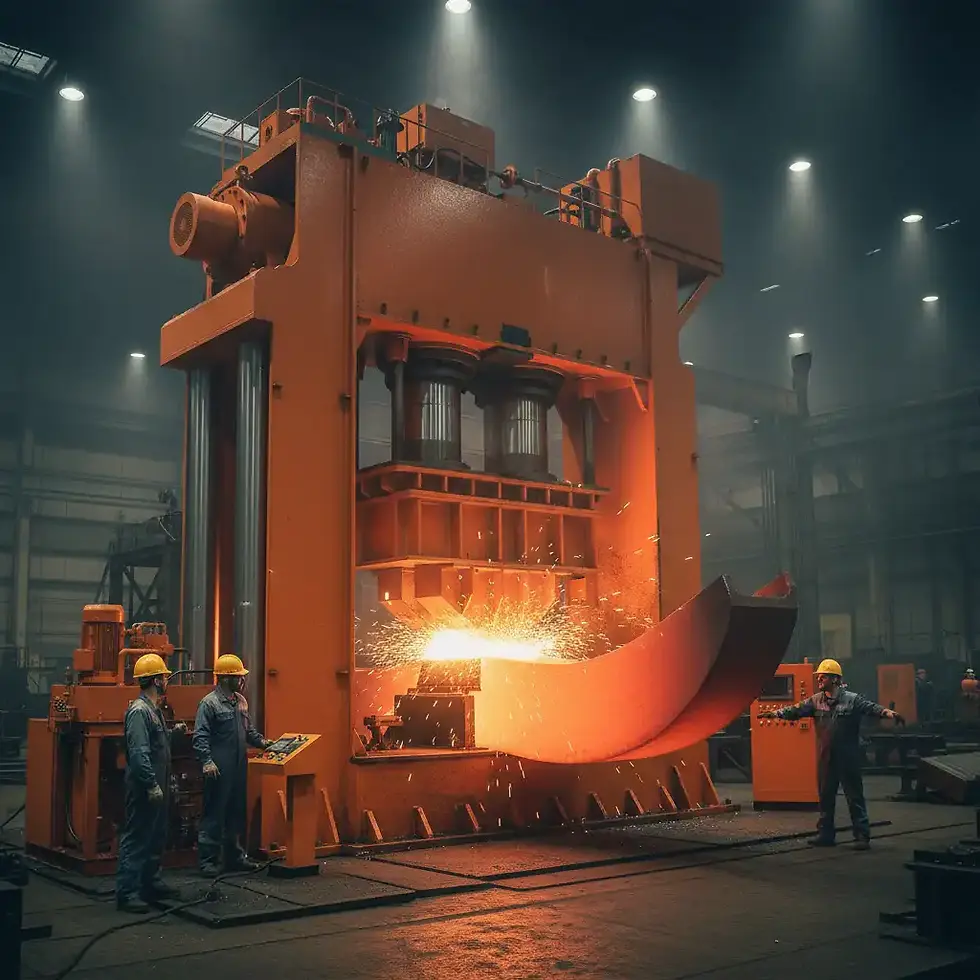 Hydraulic deep draw press forming hot metal with workers