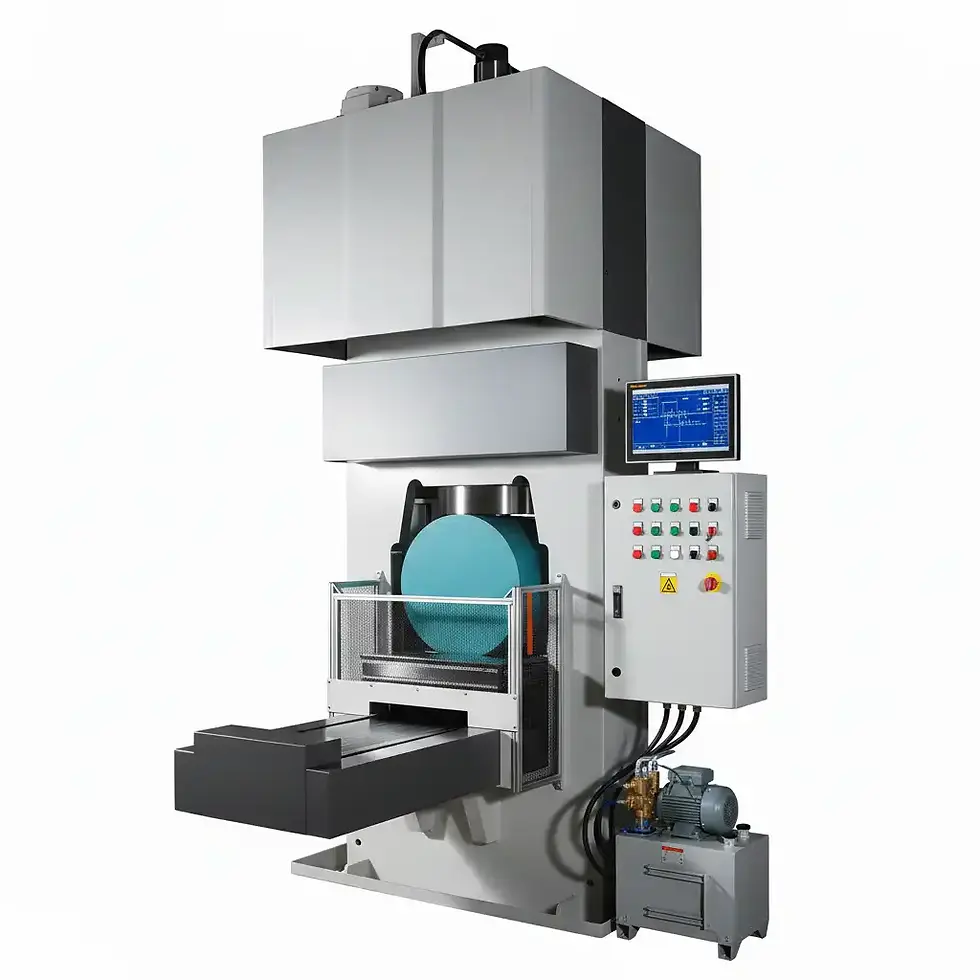 Vertical hydroforming press processing a circular part